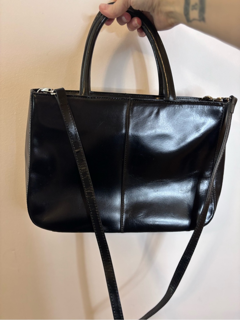 HOBO Original Black Satchel with Top Handles and Crossbody Strap Red Interior